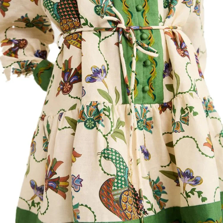 Long-sleeved Short Dress Flower Girl Floral Print Long-sleeved Lantern Sleeve Dress Lapel Graffiti Print Lace-up Dress For Women 240810