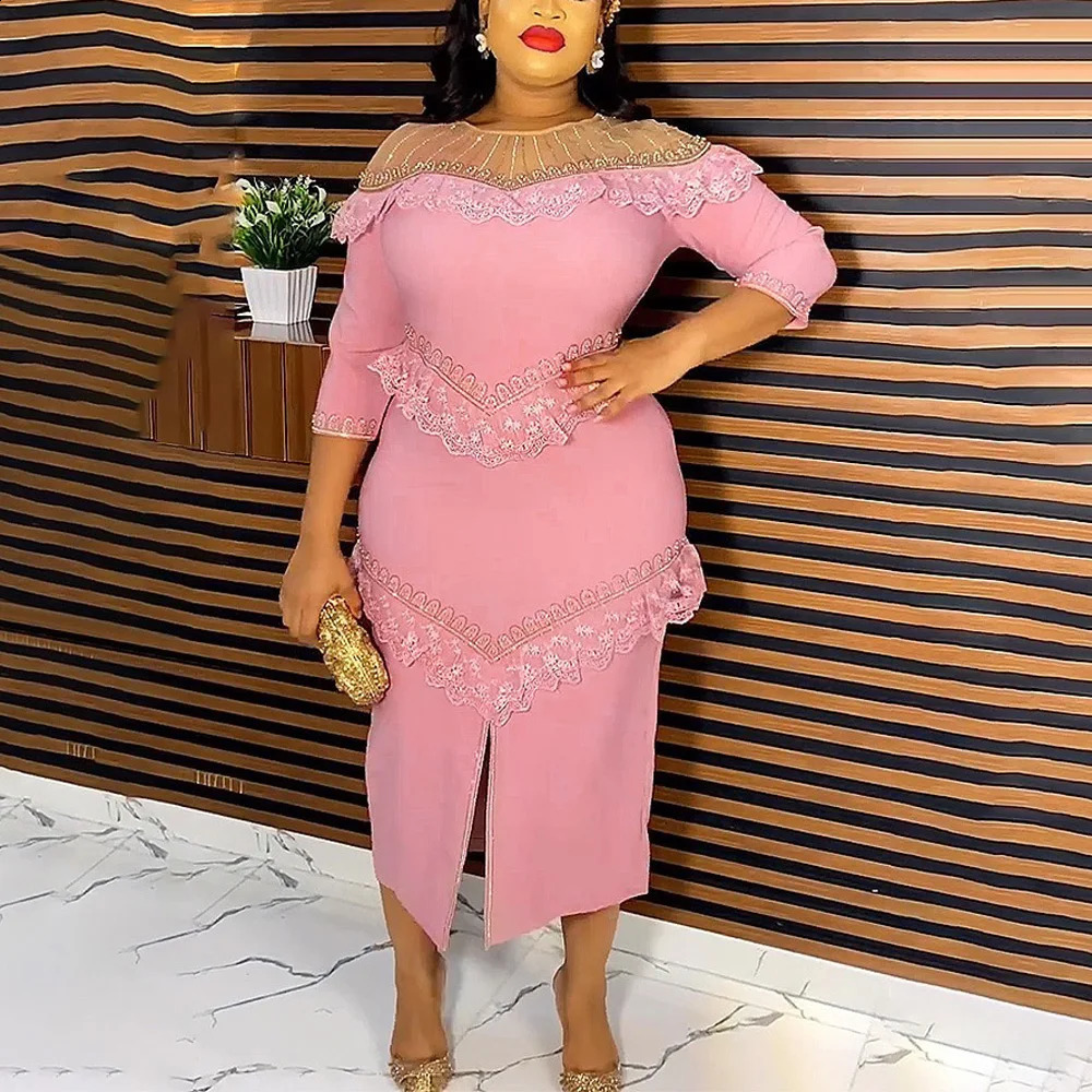 Work Dress for Women Office Elegant O Neck Full Sleeve Diamond Lace Patchwork Front Split Mid Calf Professional Office Dress OL 240809