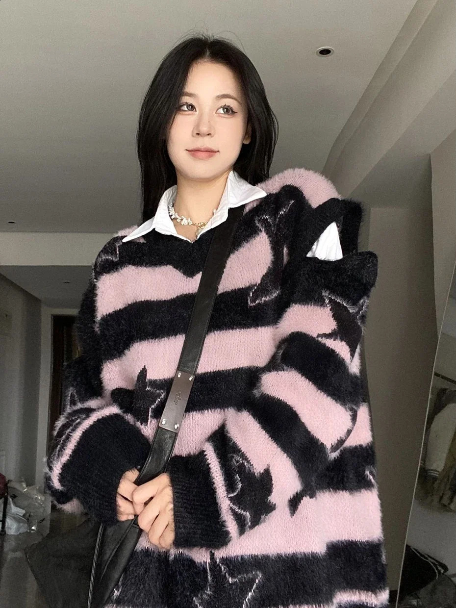 Y2K Harajuku Mall Goth Striped Sweater Women Streetwear Emo Alt Fairy Pentagram Removable Sleeve V-neck Loose Warm Knitwear 240812