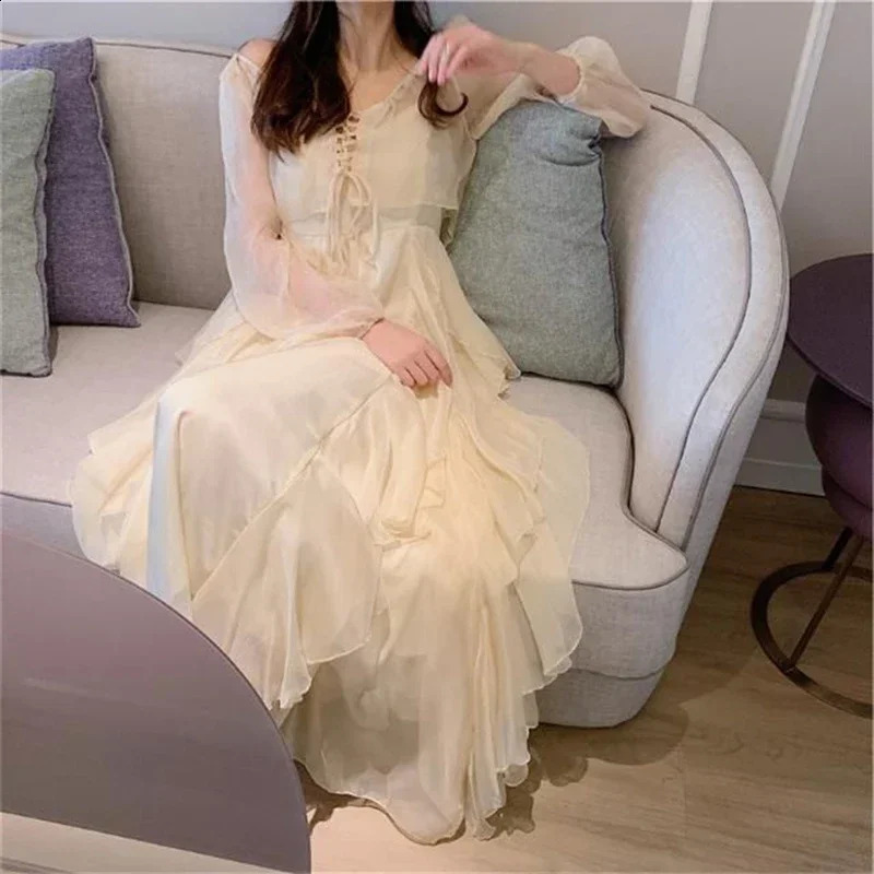 Summer Women Long Dress Suspender Ruffles Chiffon Fairy Dress White Apricot Korean Elegant Feminine Holiday Beach Party Dresses 240810