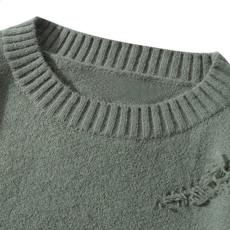 Vintage Sweater Hip Hop Harajuku Men Clothing Streetwear Pullovers Oversized Sweater Ripped Pure Color Hole Wool Knitwear Tops 240809