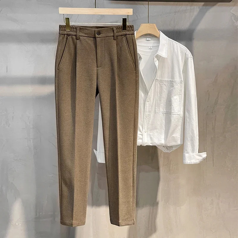 Autumn Winter Suit Pants Men Thick Business Elastic Waist Classic Grey Brown Woolen Straight Korean Formal Trousers Male 27-38 240810