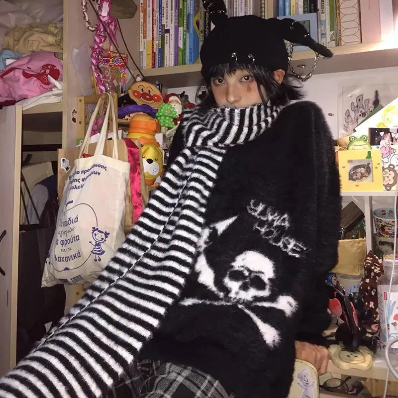 Karrram Gothic Skulls Sweater Grunge Dark Aesthetics Knitted Jumper V-neck Harajuku Loose Mohair Pullover Emo Alt Knitwear Y2k 240812