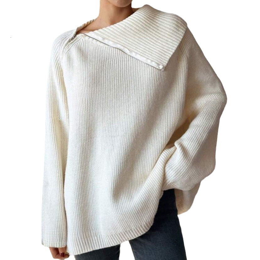 Sweater Womens Autumn/winter Womens New Loose Medium Long Style Lazy Wind Side Zipper Collar Knitted Sweater Women