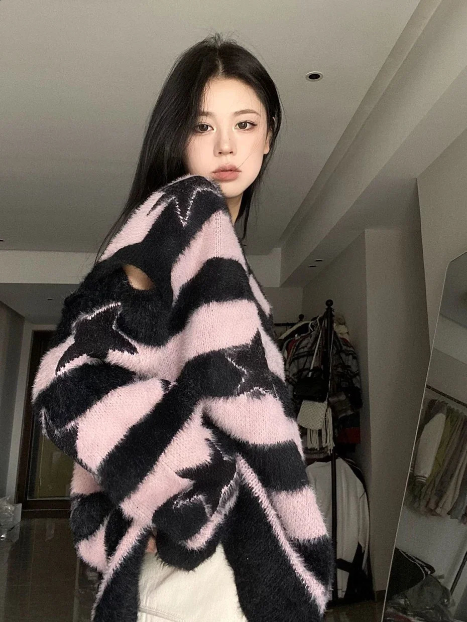 Y2K Harajuku Mall Goth Striped Sweater Women Streetwear Emo Alt Fairy Pentagram Removable Sleeve V-neck Loose Warm Knitwear 240812