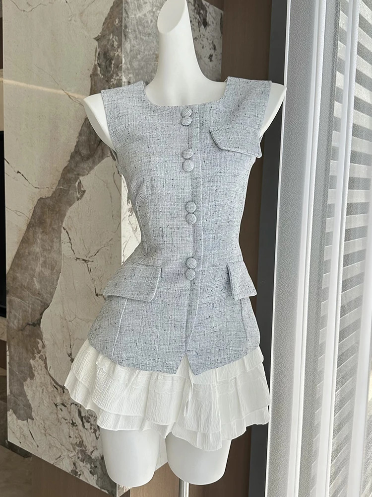 Summer Women Old Money Birthday Aesthetic Office Lady Suit Outfits 2 Piece Set Vintage Tank Top Vest Ballet Core Mini Skirts 240810