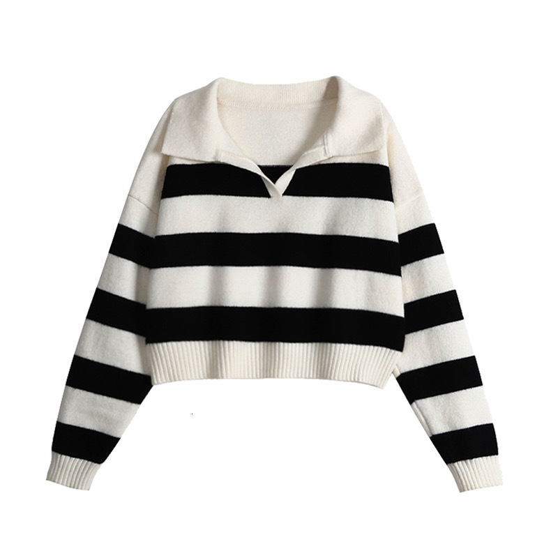 2024 autumn and winter new long sleeved POLO collar knitted top women, loose striped contrasting pullover sweater for women dongdumaoyi