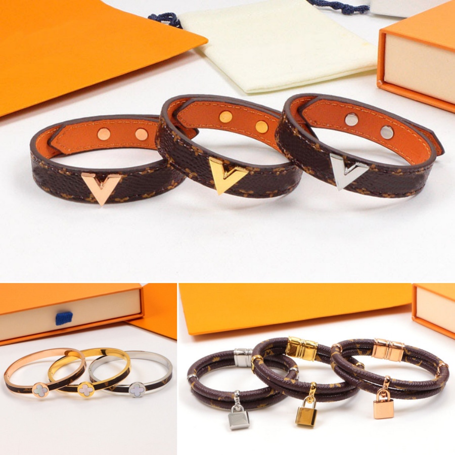 Top designer Bracelets Classical Mens Leather Bracelet V Women Wide Flower Plaid Wristband Designer Jewelry Hardware Plated Gold Charm Luis S Bangle with box
