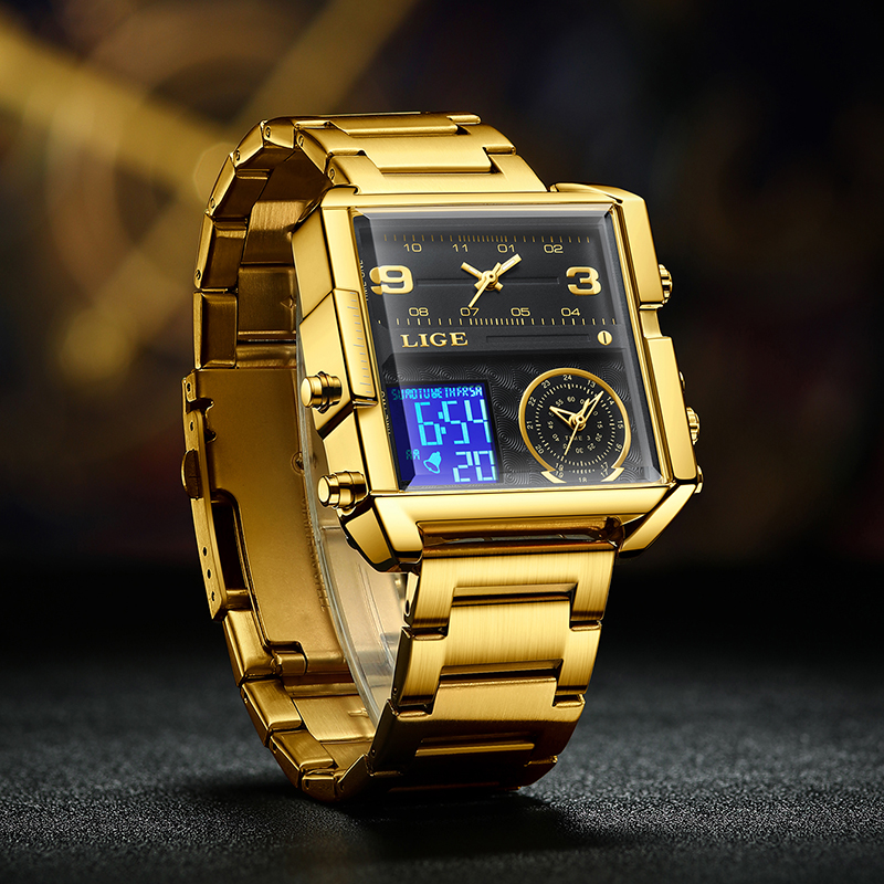 LIGE Men's Stainless Steel Strip Electronic Watch Multi functional Waterproof Alarm Clock Timing Code Sports Watch