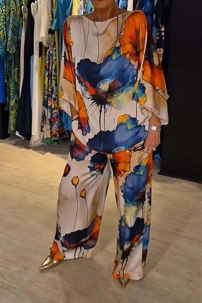 Summer Women Casual Satin Print Two Piece Set Fashion Round Neck Bat Sleeve Floral Pant Sets Elegant Female Vacation Outfit y240824