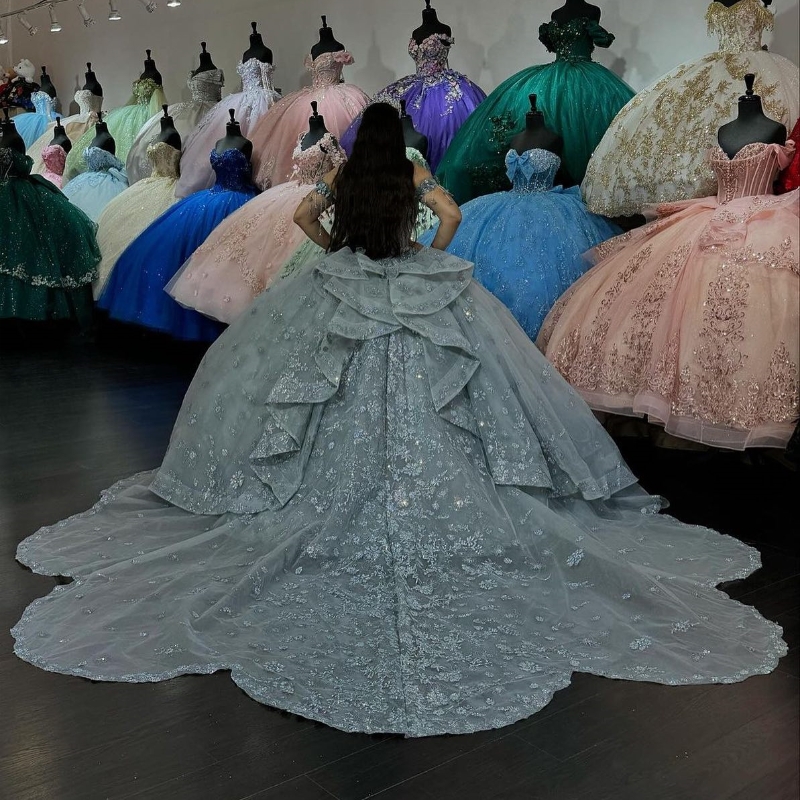 Sexy Off Shoulder Quinceanera Dress Lace Applique Beads Crystal Tull Birthday Party Sweet 16 Princess Ball Gowns Vestidos De 15 Anos