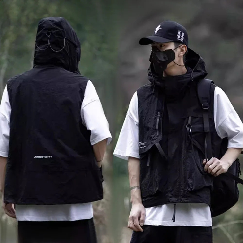 Mens Y2k Hooded Vest Summer Thin American Tactical Functional Couple Vest Waistcoat Jacket Casual Solid Color Workwear Vest 240810