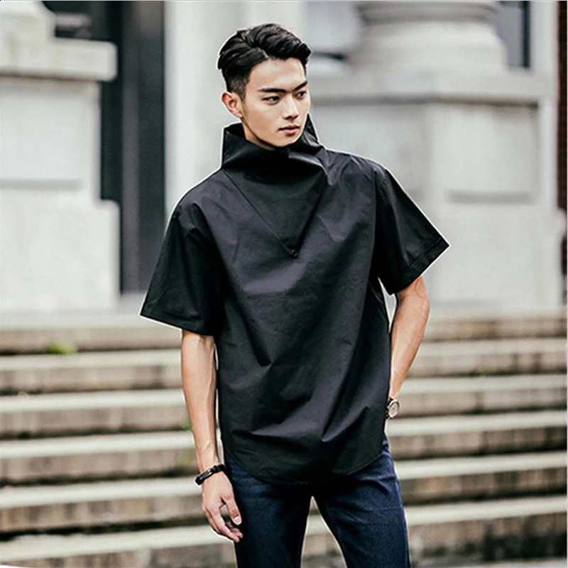 Summer High Neck Short Sleeve Men Sweatshirt Korean Fashion Casual Personality Harajuku T Shirt 3xl Oversized Hip Hop Streetwear 240810