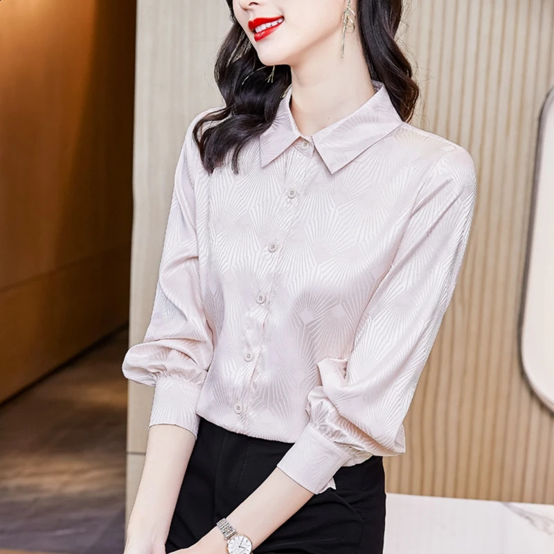 Fashion striped plain weave jacquard satin silk shirt womens office women OL work long sleeved spring and autumn top w240824