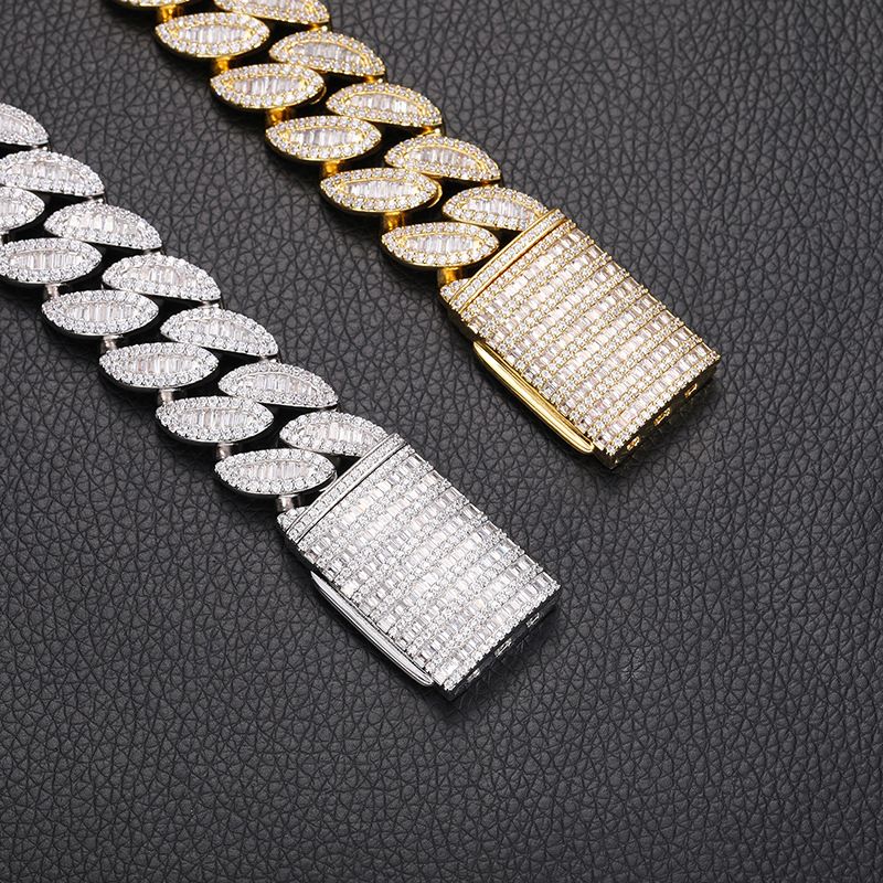 Cuban Link Chain Necklace for Men Micro Inlaied 3 Row T Square Bling Diamond Chains 20MM Wide Iced Out Necklaces Designer Prong Rock Hip Hop 18K Gold 