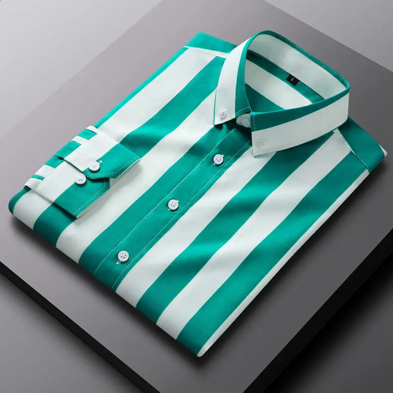 Summer Youth Professional Business Slim Fit Wide Stripe Office Long Sleeve Round Neck Splicing Button Mens Shirt240810