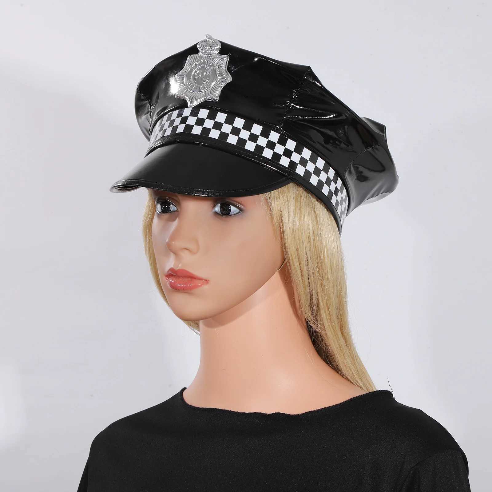 Adult Police Cap Cop Uniform Props Police Officer Hat Badge Checkerboard Adjustable Cop Hat Halloween Cosplay Costumes Accessory Y240810