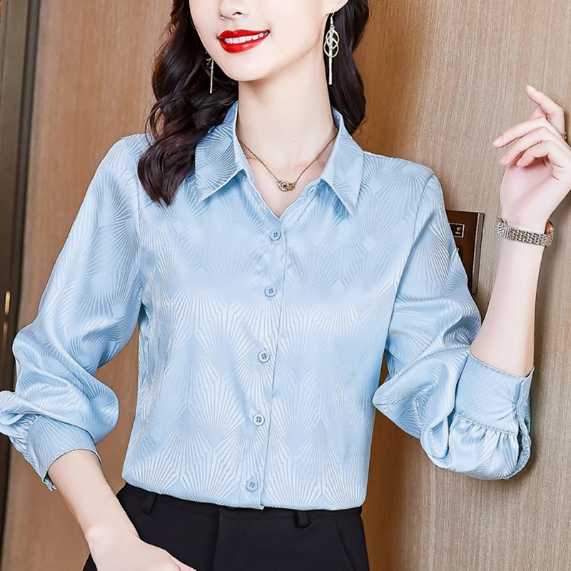 Fashion striped plain weave jacquard satin silk shirt womens office women OL work long sleeved spring and autumn top w240824