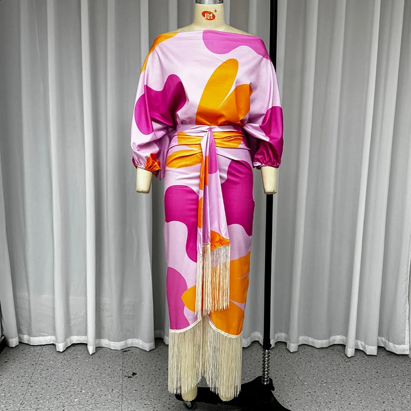 Wefads Womens twopiece Fashion Shoulder Printed Lantern Set Irregular Pulling Top Folded Tassel Ski 240810