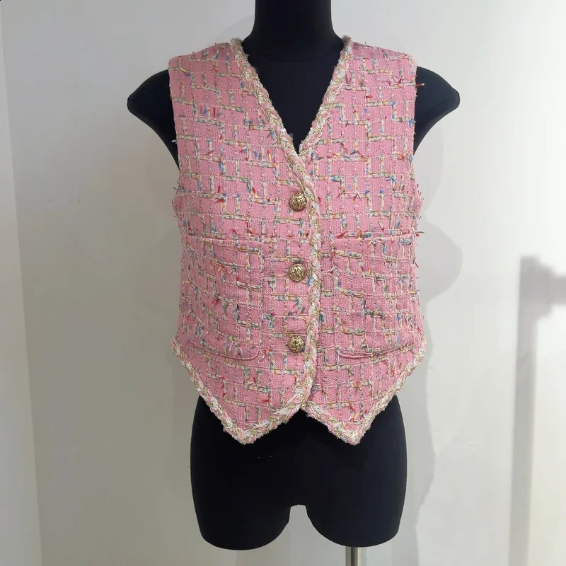 French V-neck Small Fragrant Vest Womens Summer Vintage Wind Casual Simple Korean High Quality Chic Tweed Vest Short Lady Coat 240810