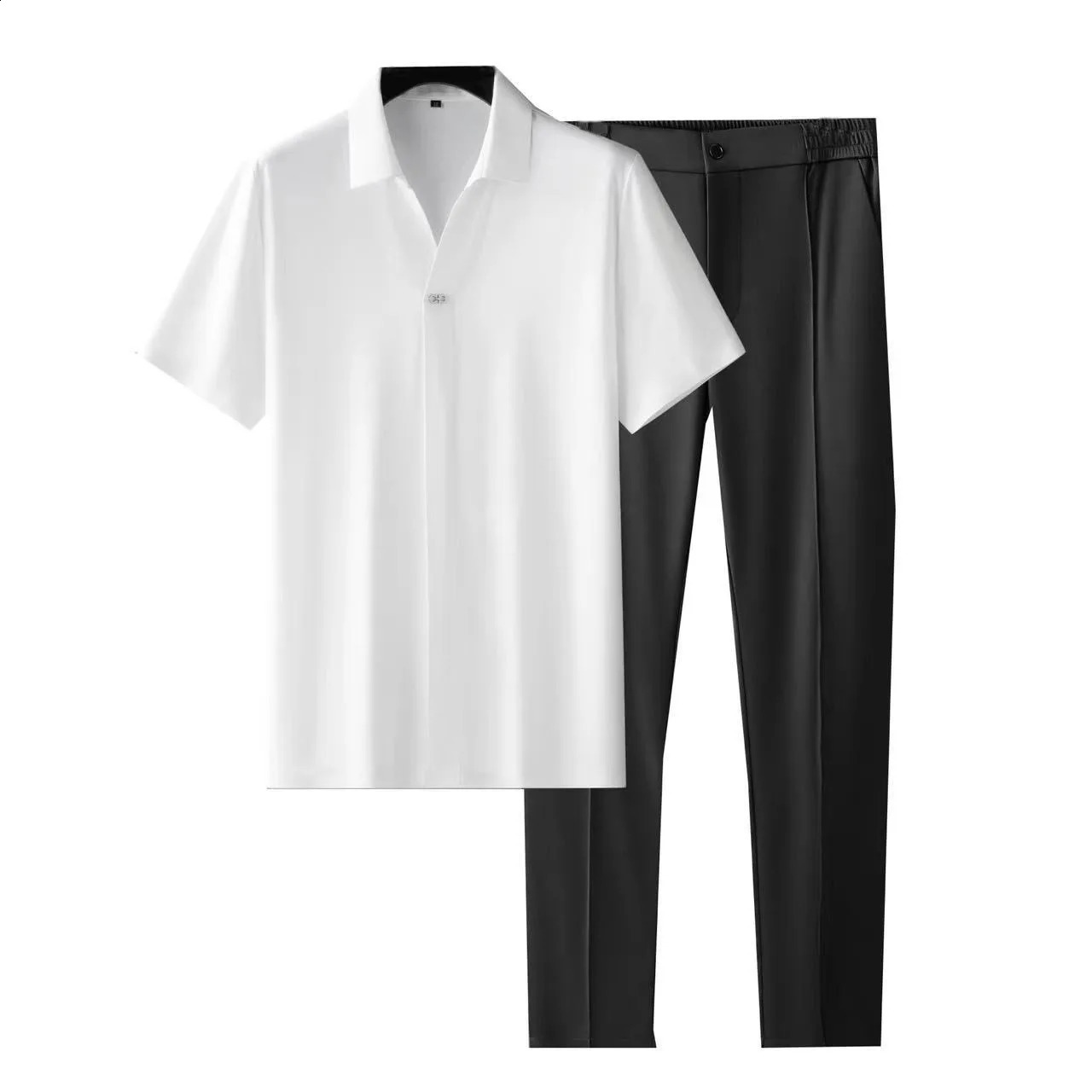 Summer Solid Color Silk Short Sleeve Shirt Set for Mens Casual Relaxing Comfortable Breathable Two Piece 240810