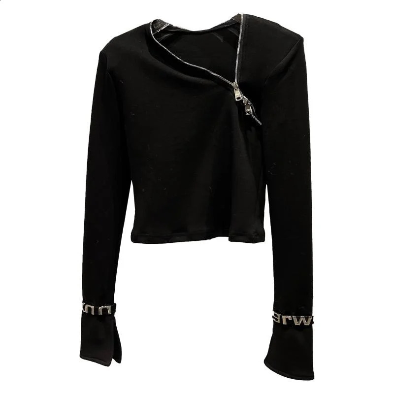 PREPOMP Autumn Arrival Long Sleeve Zipper Vneck Letter Bandage Tshirt for Women GG815 240810