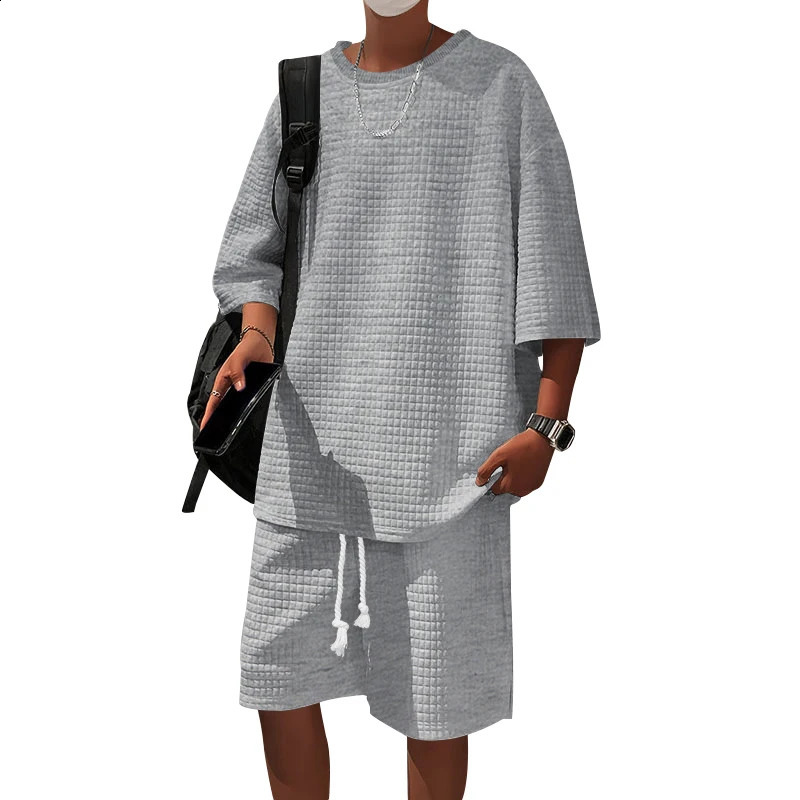 2024 Summer Casual Shorts Set Knitted Two Piece Mens Clothing O-Neck Short Sleeve T-shirt and Shorts Streetwear Knit Outfits 240810