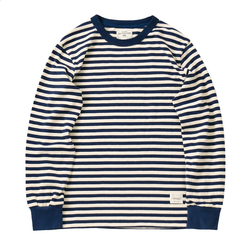Amekaji Mens Classic Blue and White Horizontal Stripes American Retro Sports T-Shirt Long-Sleeved Spring And Autumn 240809