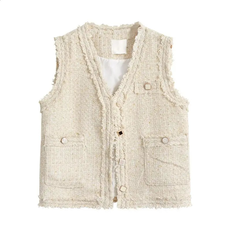 Small Fragrant Tweed Vest Women V Neck Sleeveless Outer Tank Tops Jacket Women Autumn Winter French Style Chic Waistcoat 240810
