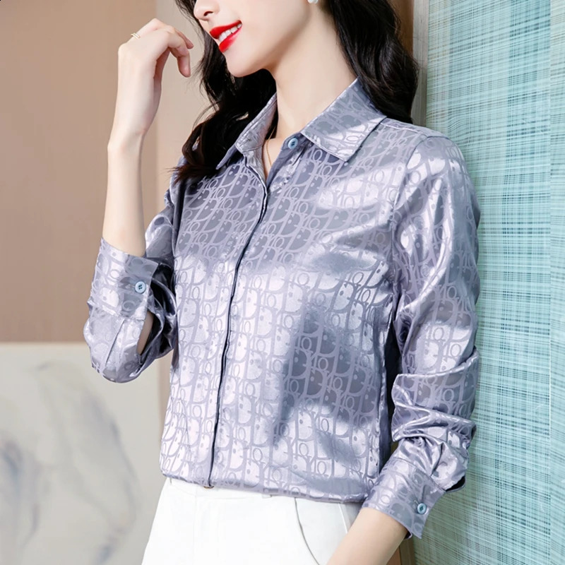 Fashion striped plain weave jacquard satin silk shirt womens office women OL work long sleeved spring and autumn top w240824
