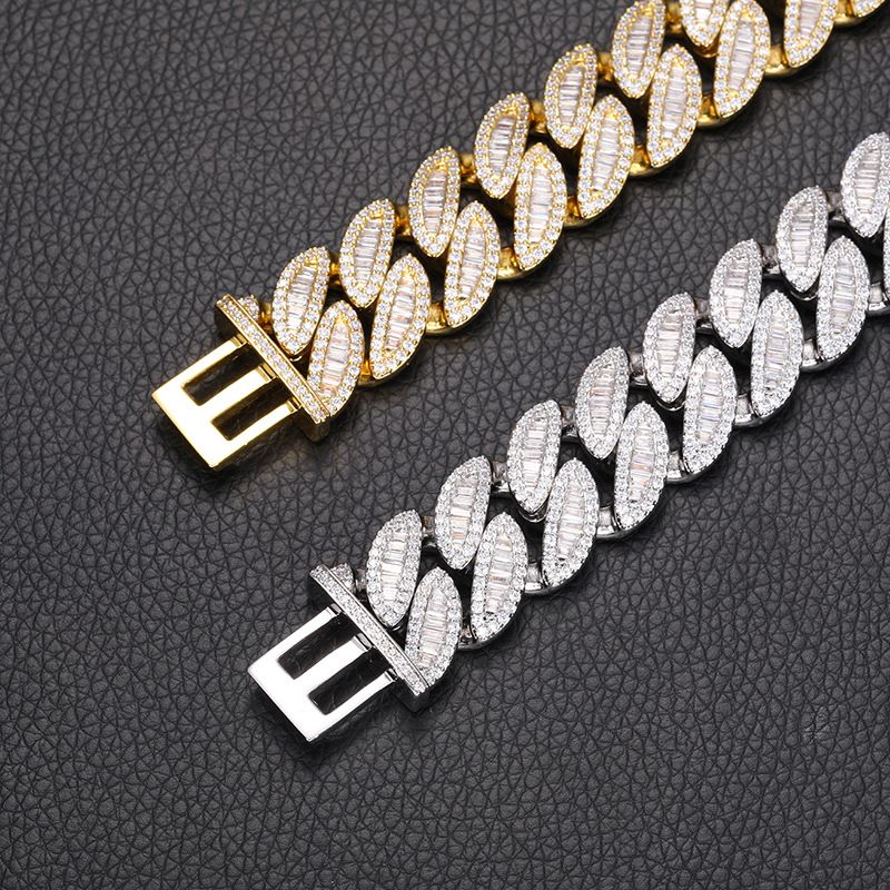 Cuban Link Chain Necklace for Men Micro Inlaied 3 Row T Square Bling Diamond Chains 20MM Wide Iced Out Necklaces Designer Prong Rock Hip Hop 18K Gold 