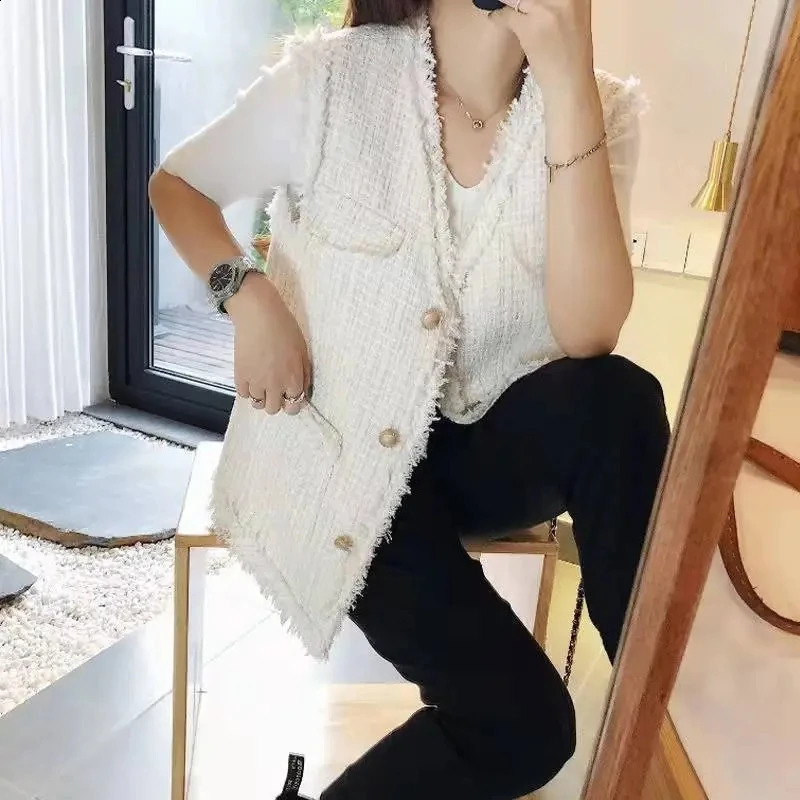 Spring Autumn Coarse Tweed Fashion Womens Sleeveless Vest Coat Versatile Comfortable Loose Female Tank Top Jacket 240810