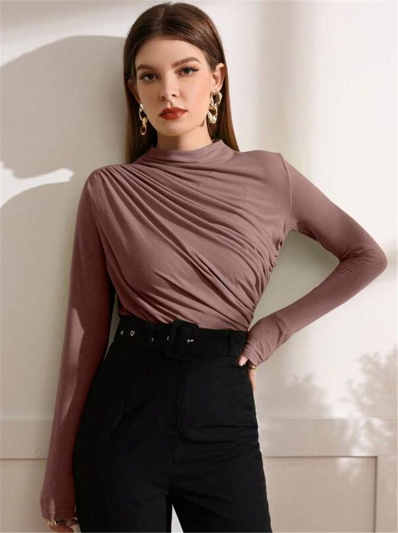 Autumn and Winter Small High Neck Design Pleated Versatile Long Sleeved T-shirt Top