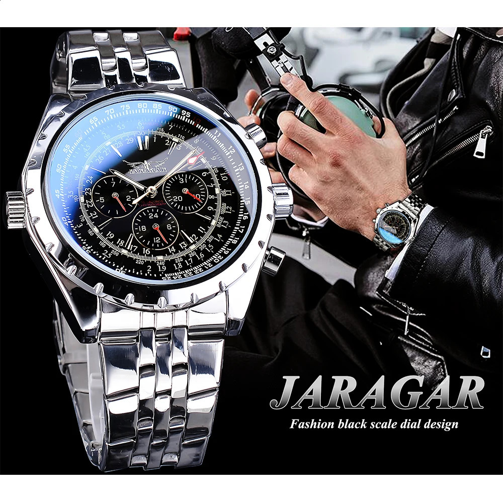 Jaragar Blue Glass Black Silver Automatic Watch Stainless Steel Date Clock Luminous Men Business Mechanical Wristwatch 240808