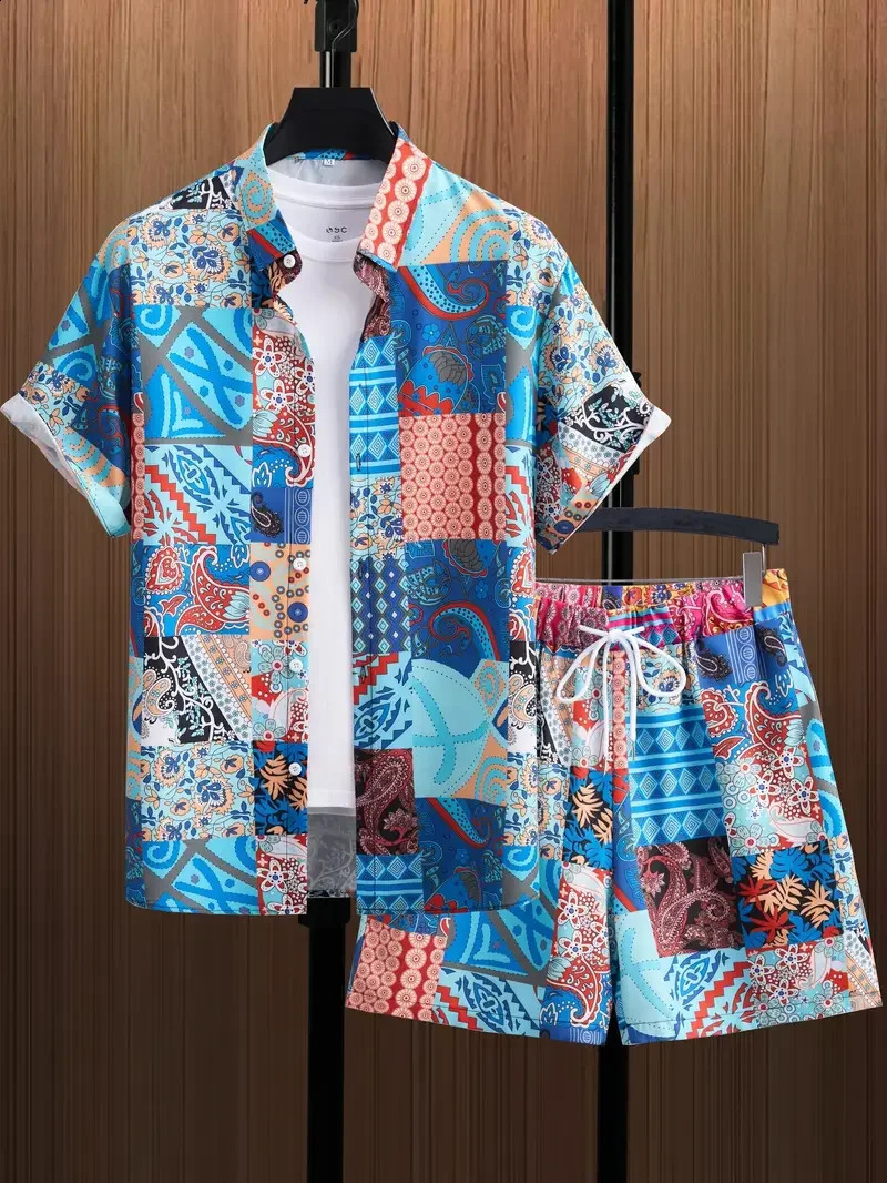 Shirt Set Mens Summer Patchwork Color Block Paisley Pattern 3D Printed And Shorts Retro Ethnic Style Hawaiian 240810