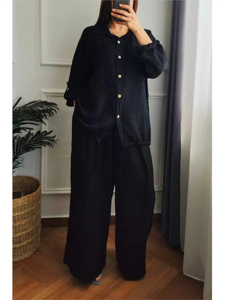 Autumn fashion cotton and linen rope twopiece set for women collar long sleeved brushed shirt wide leg pants casual