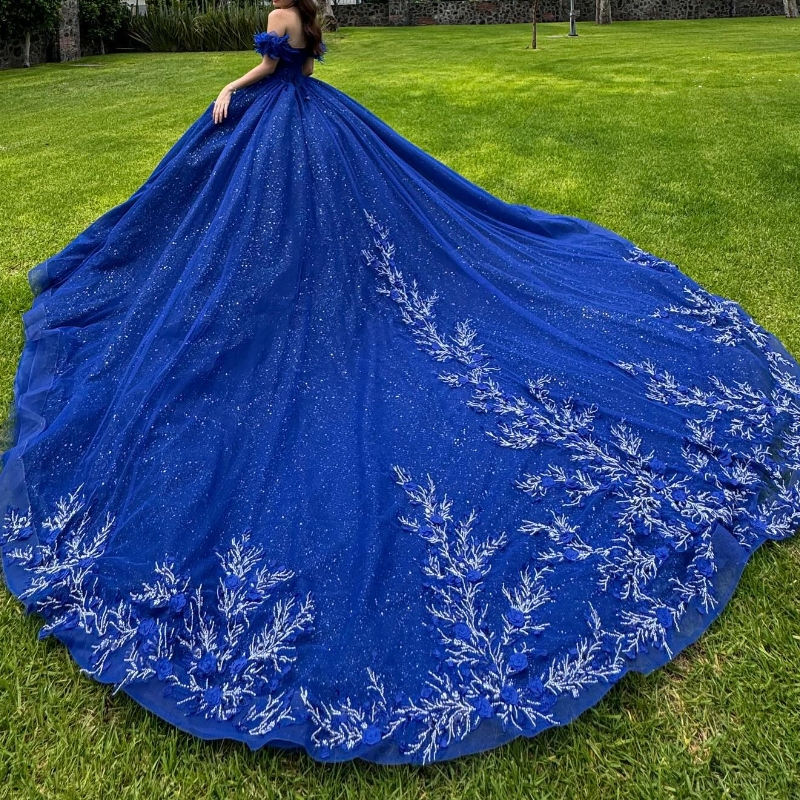 Sparkly Royal Blue Quinceanera Dress Ball Gown Off The Shoulder Lace Applique Beaded Tull Corset Mexican Sweet 16 Vestidos De 15 Anos