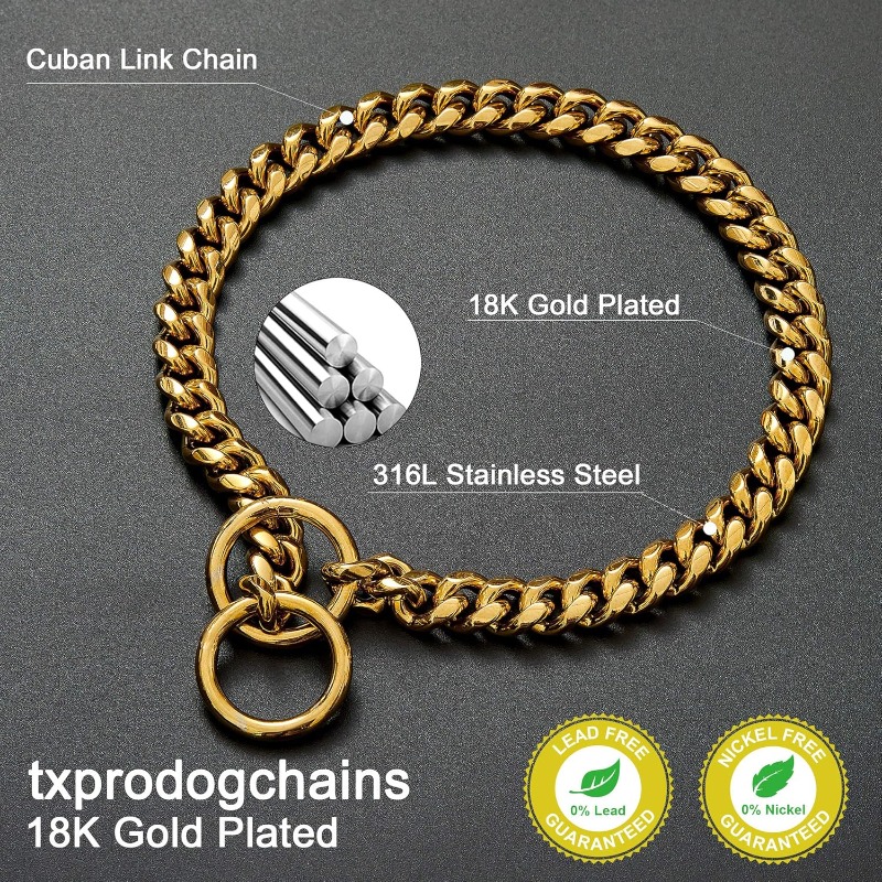 18K Gold Chain Dog Collar 10MM Cuban Link Chain Stainless Steel Metal Links Walking Training Collar 10in to 32in