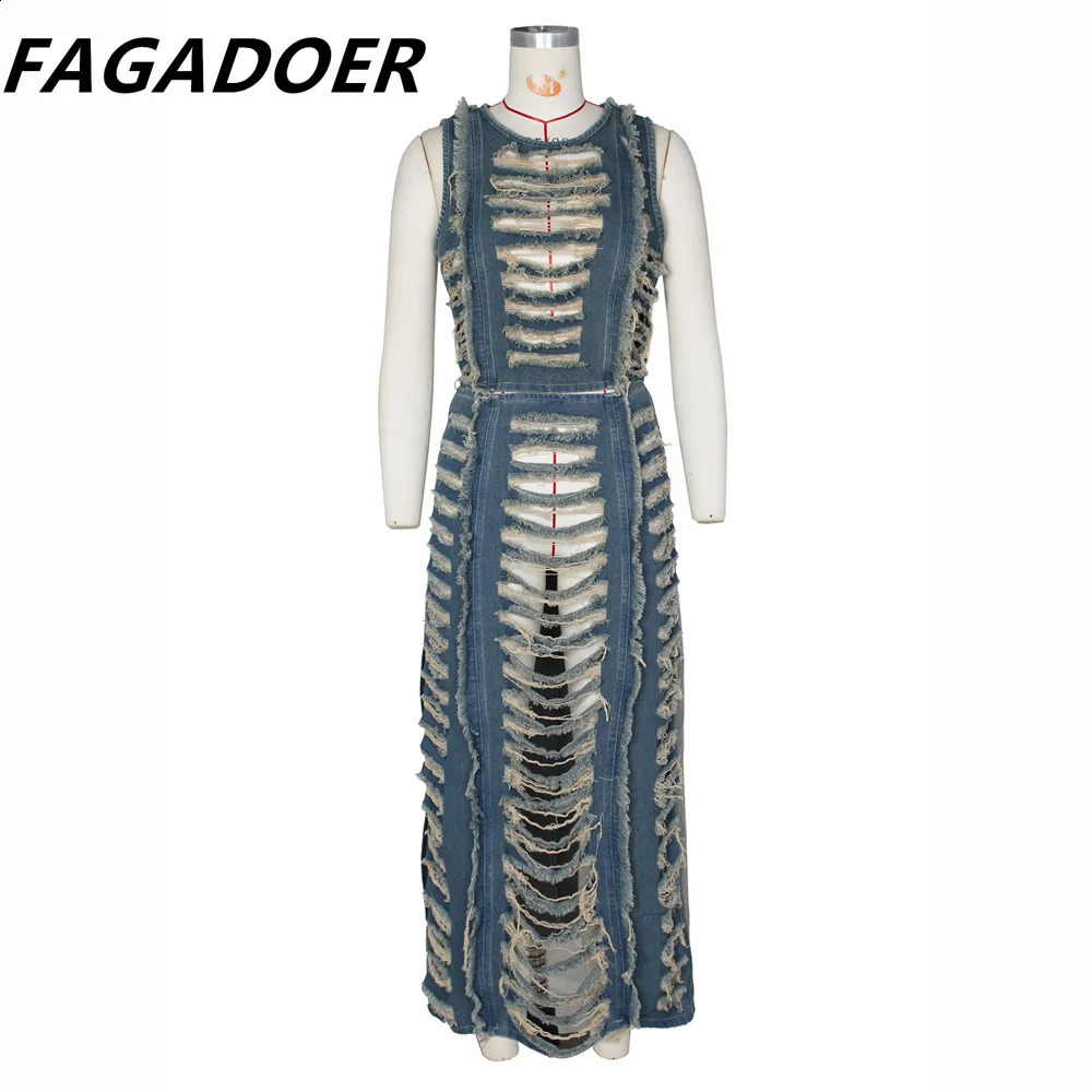 FAGADOER Fashion Streetwear Womens Denim Hollow Sleeveless Crop Top and Side Seam Skiing Two Piece Set Sexy 240810