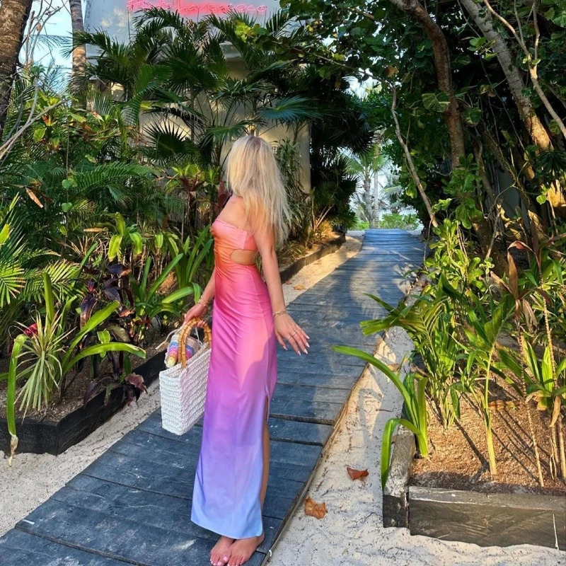 Summer Gradient Print Sexy Backless Strapless Dress Women Chest Wrapping Ankle-Length Dresses Fashion Beach Midriff Vestidos 240810