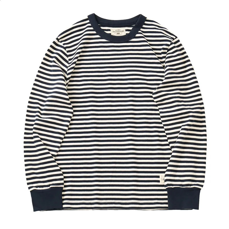 Amekaji Mens Classic Blue and White Horizontal Stripes American Retro Sports T-Shirt Long-Sleeved Spring And Autumn 240809