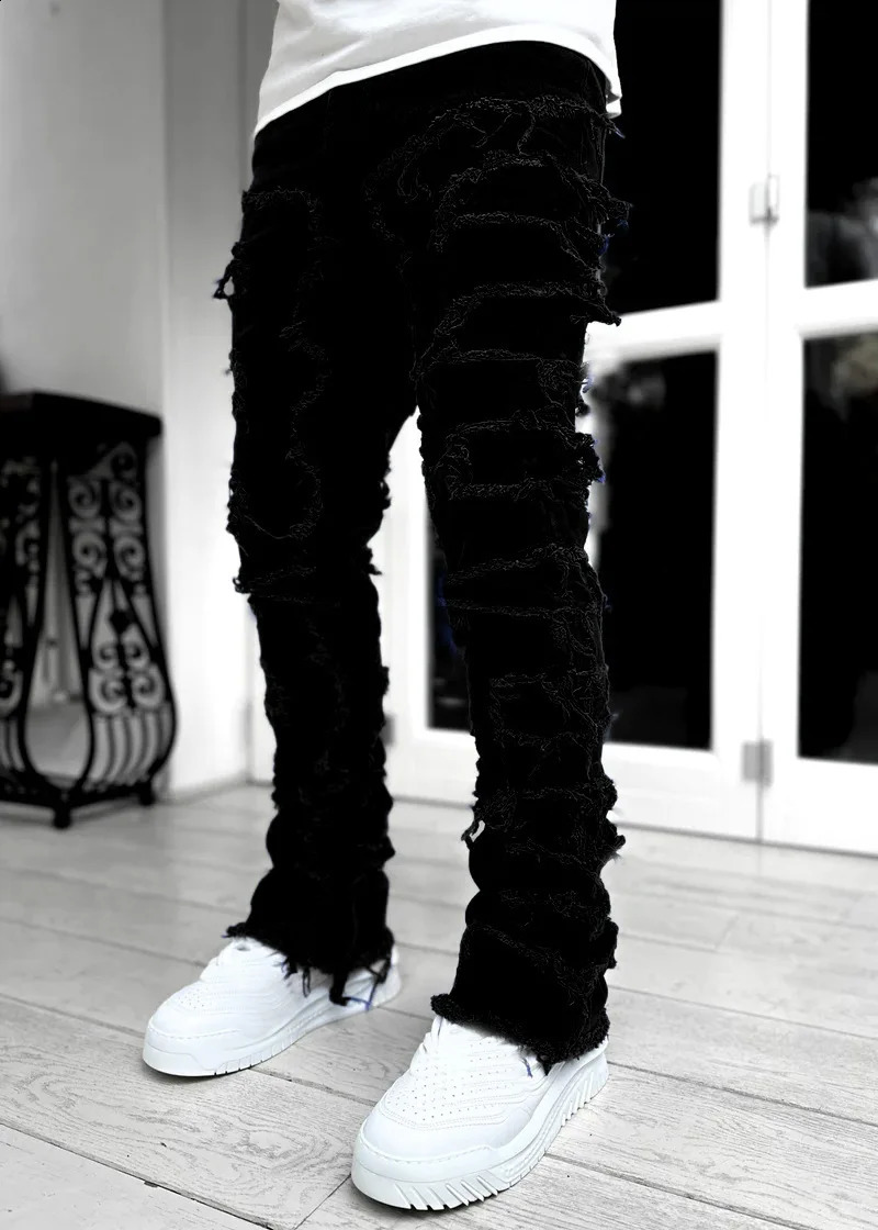Spring Autumn Individual Patched Black Pants Long Tight Fit Stacked Jeans For Men 240819