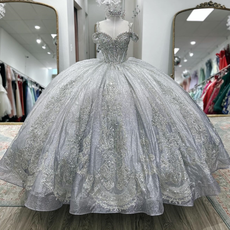 Silvery Shiny Off-Shoulder Quinceanera Dresses Ball Gown Classic Applique Lace Beads Crystal Tull Sweet 16 Dress Vestidos De 15 Anos