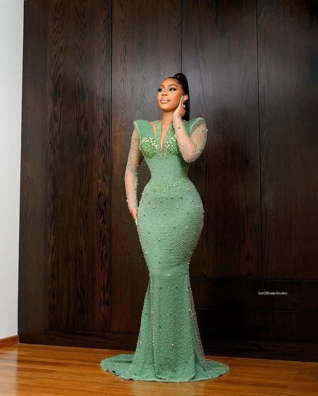 Green Aso Ebi Mermaid Long Sleeves Beaded Arabic Prom Dresses Formal Party Second Reception Birthday Engagement Evening Gowns Dresses Robe De Soiree