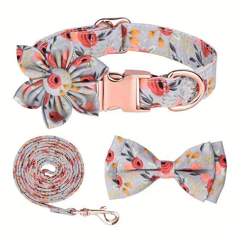 4pcs Leash Set With Bow Tie And wer Decor, ral Pattern Adjustable Collar Dog Traction Rope