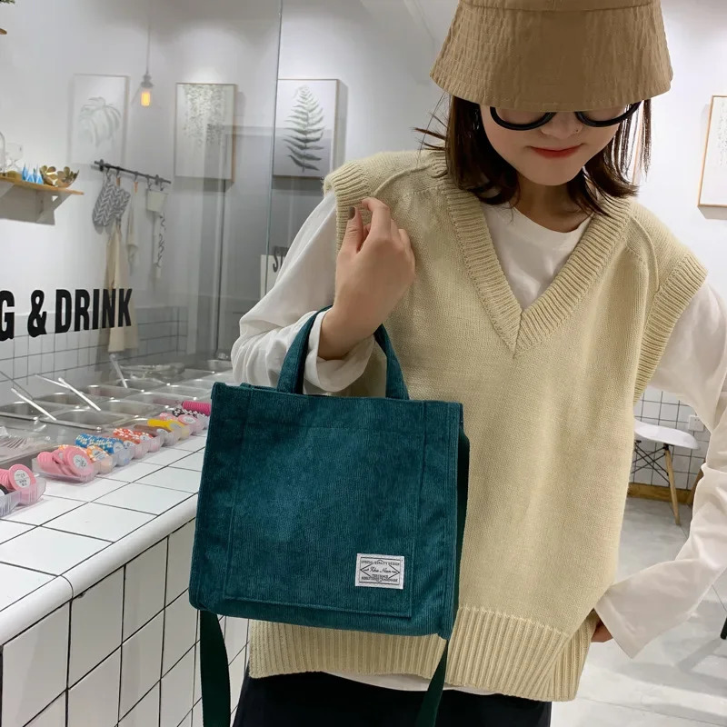 Women Corduroy Zipper Shoulder Bag Small Cotton Canvas Handbag Casual Tote Female Eco Crossbody Vintage Messenger Bags y240816