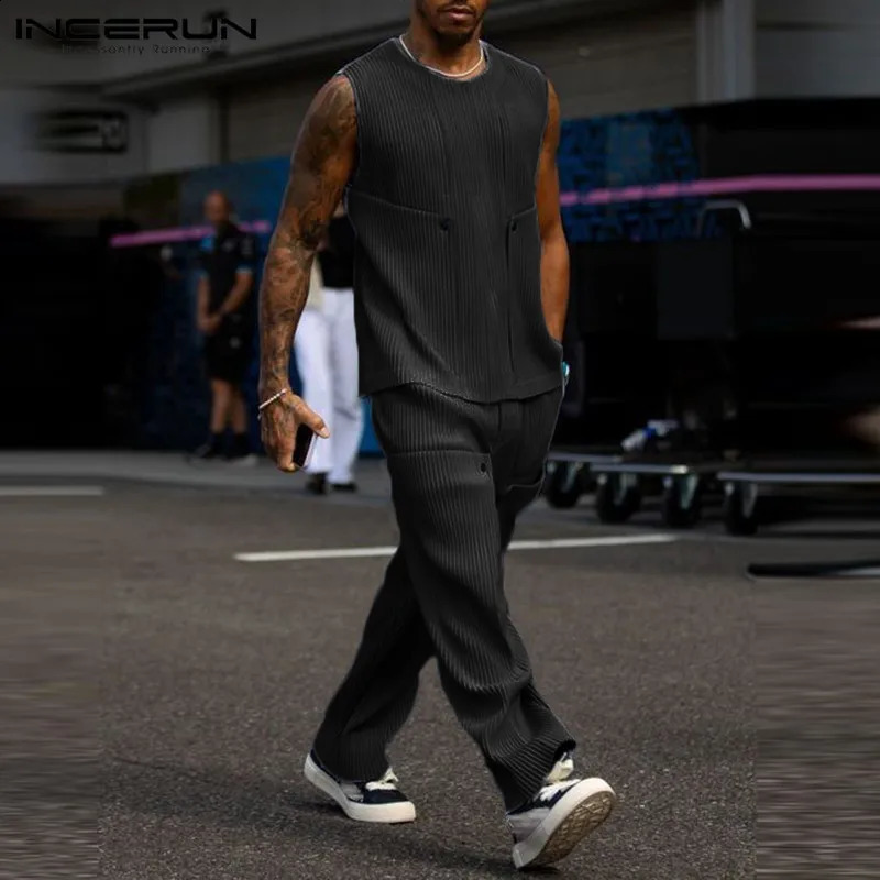 INCERUN American Fashion Mens Set Knitted Pit Strip ONeck Tank Top Casual Comfort Two Piece S2XL 240816