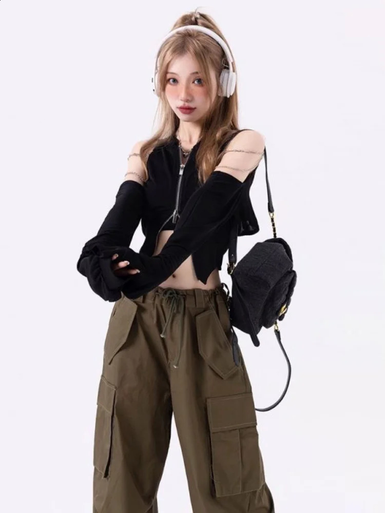 Deeptown Y2k Harajuku Solid Crop Top Women Korean Streetwear Zipper T Shirts Off Shoulder Balck Tees Aesthetic Kpop Cardigans 240810