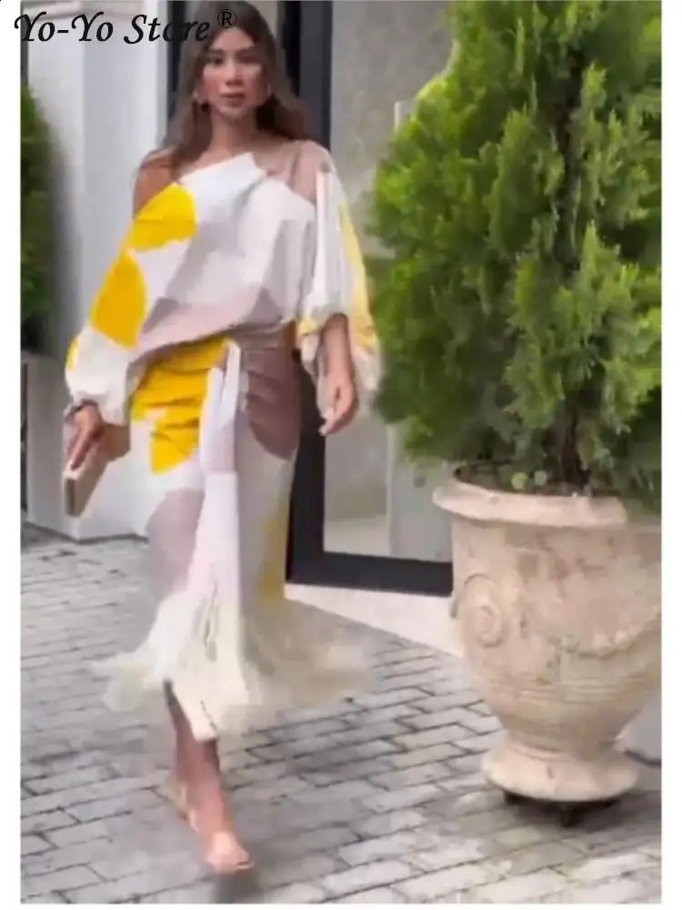 Printed Folded Lantern Sleeve Loose Fashion Tassel Dress for Women Two Piece Set SpringSummer Elegant Womens 240810