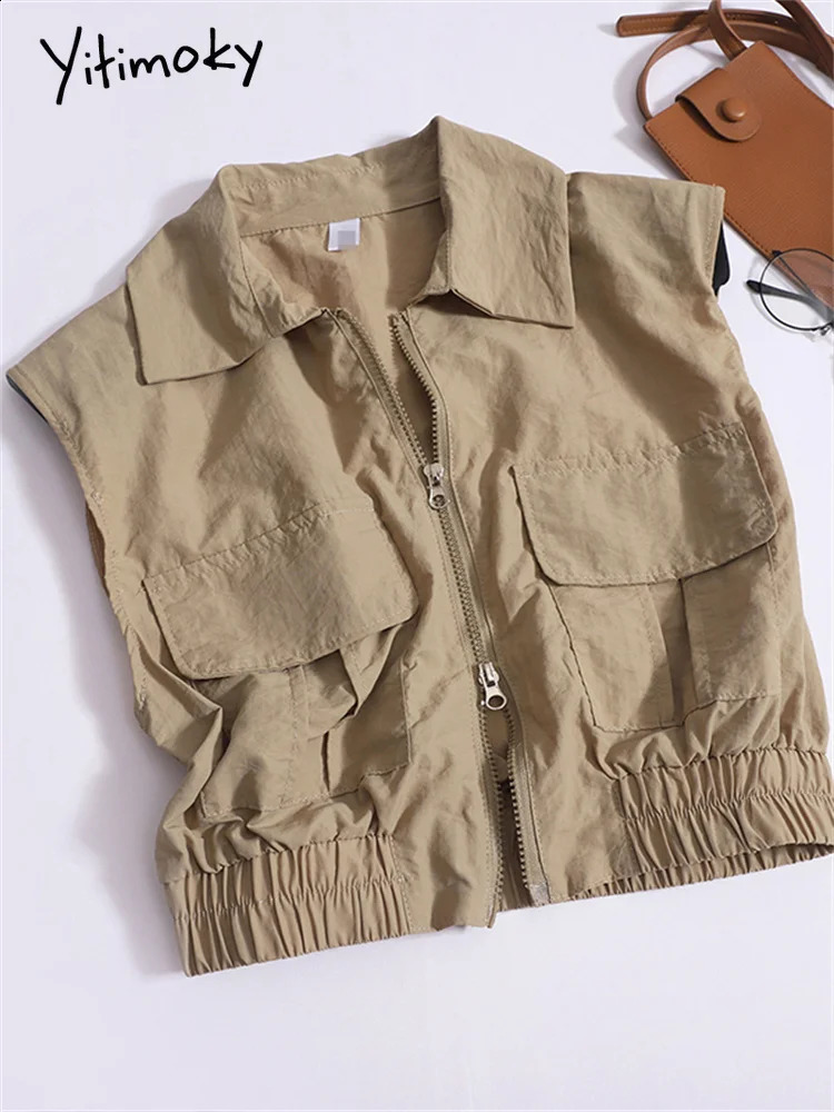 Yitimoky twopiece womens retro sleeveless zipper top casual high waisted belt Midi skiing set 240810